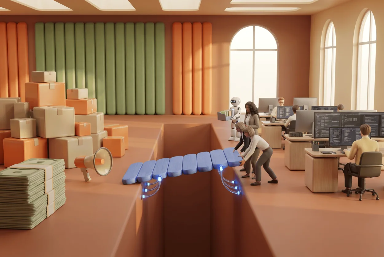 Stylized 3D render: a team places the last blue plank of a bridge across a gap, from a pile of hype and bills to a working office