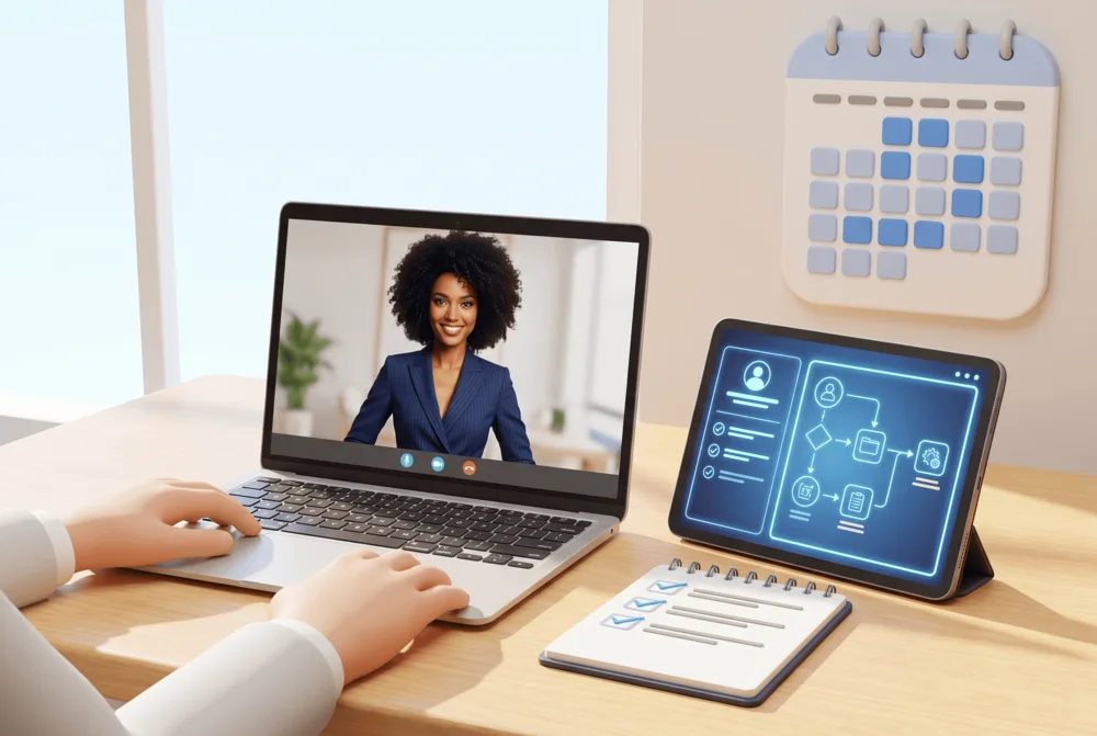 Stylized 3D render: a client at their own desk on a video call with a RockTech guide, a blue workflow on a tablet, a checklist notepad and a wall calendar