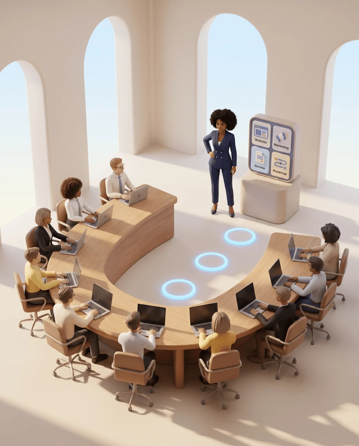 Stylized 3D render: a RockTech guide in a navy suit presents a finished kit to ten Learners working on laptops around a curved table