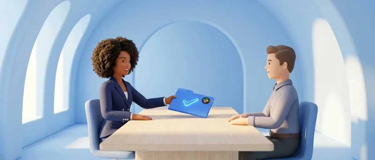 Stylized 3D render: a consultant hands a tablet across a table to a client during a conversation