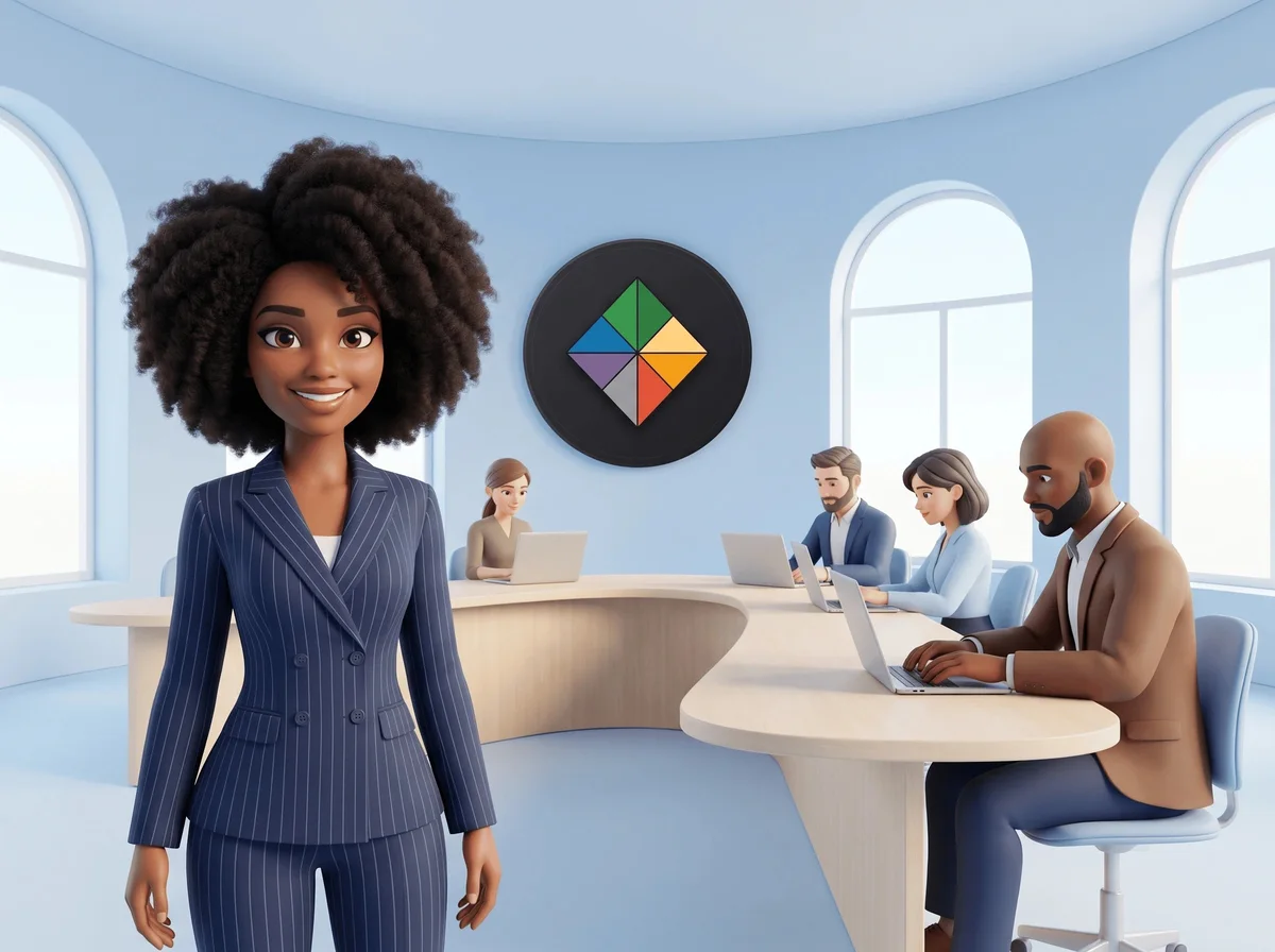 Stylized 3D render: a RockTech guide in a navy suit stands in a bright learning studio while Professional Learners work at a table behind her