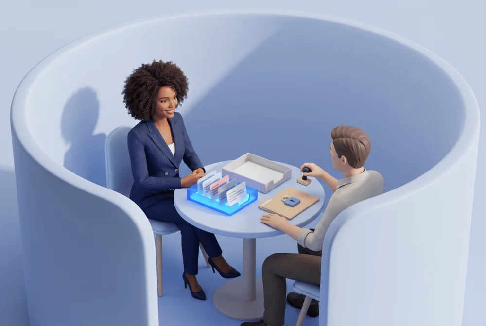 Stylized 3D render: a RockTech guide works one to one with an expert at a round table in a quiet meeting pod