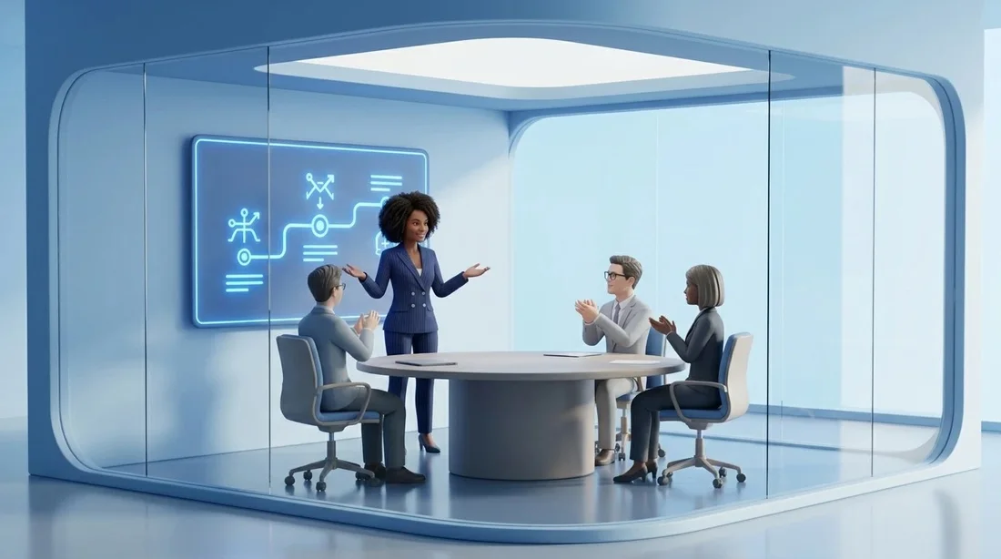 Stylized 3D render: a RockTech guide walks a small group through a workflow on a glass wall in a meeting room
