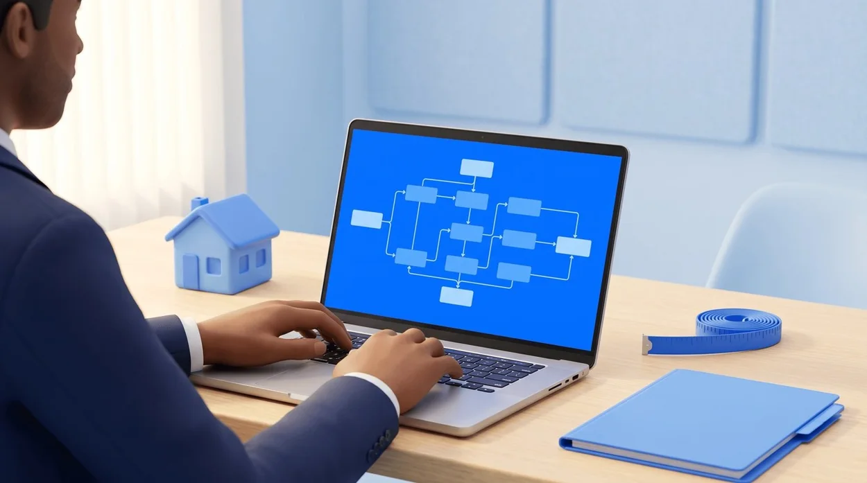 Stylized 3D render: an appraiser at a laptop maps a workflow on screen, a small house model and a tape measure on the desk