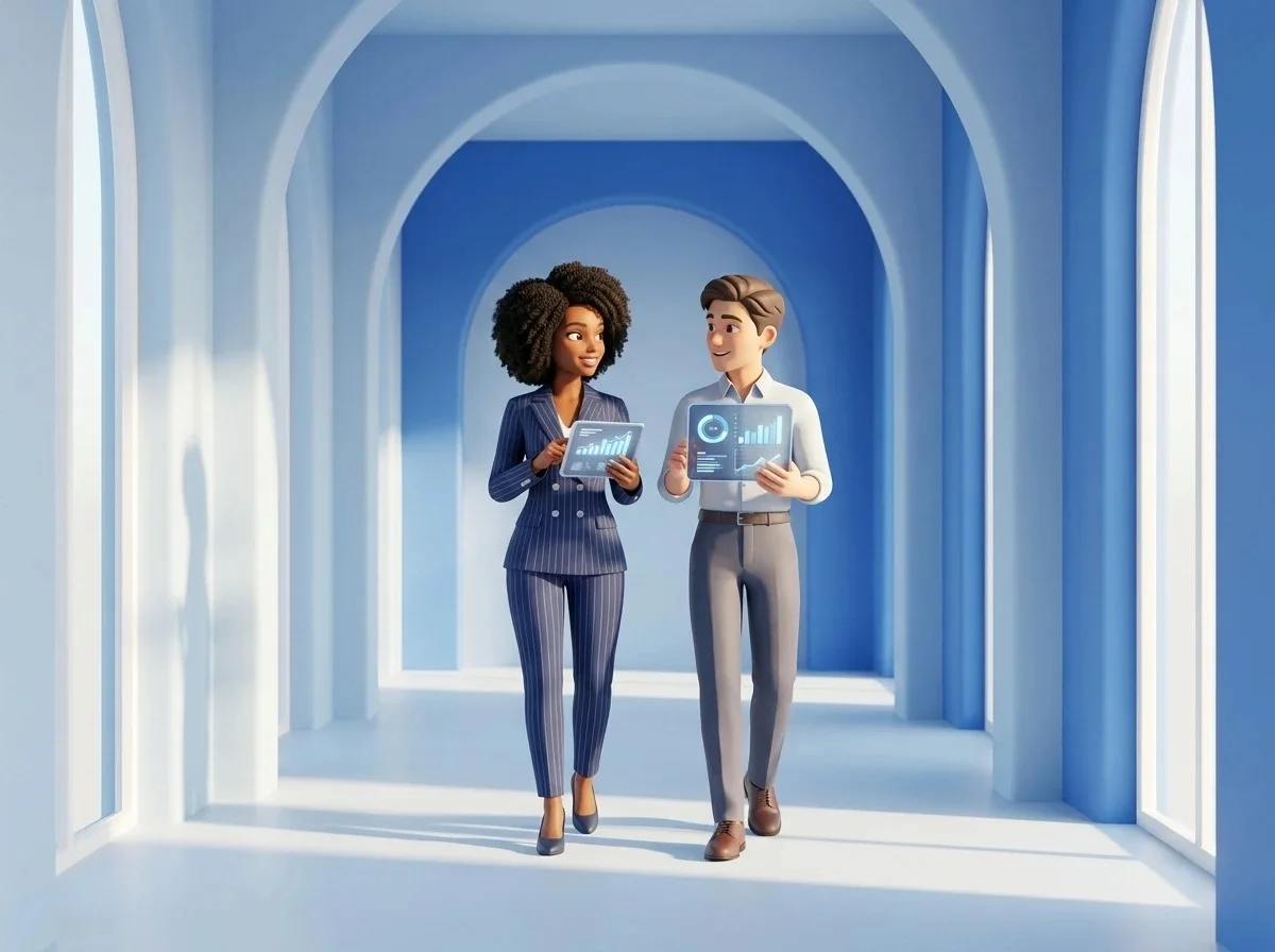 Stylized 3D render: a RockTech guide and an executive walk down a bright arched corridor, each reviewing a dashboard on a tablet