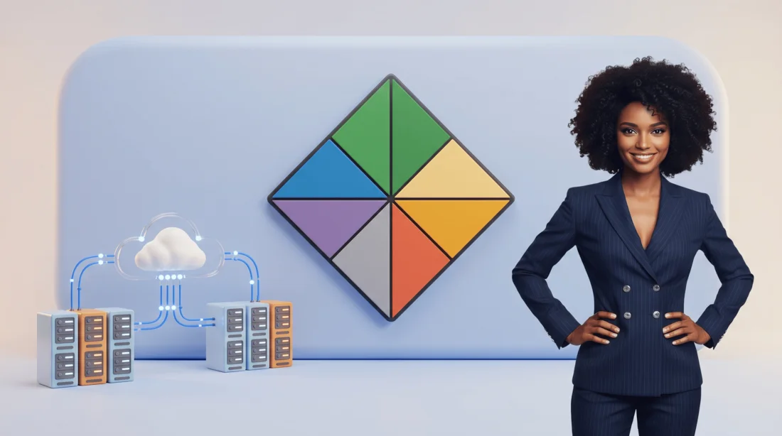Stylized 3D render: a RockTech guide in a navy suit beside a large RockTech crest on a pale blue wall, with a small cloud and server racks joined by blue connectors