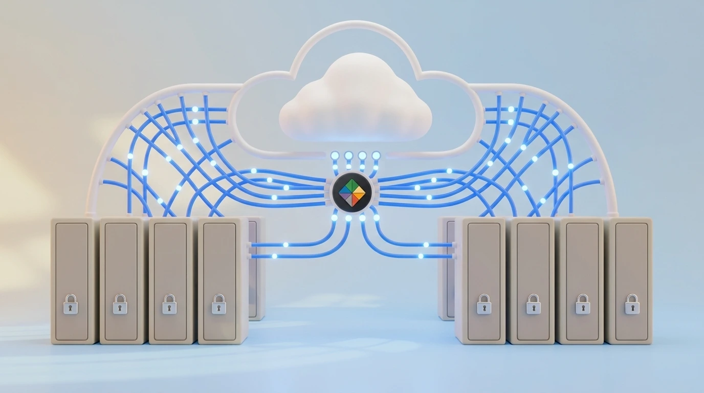 Stylized 3D render: the client's own padlocked server racks under a cloud, joined by a woven layer of blue connectors with the RockTech crest at the hub