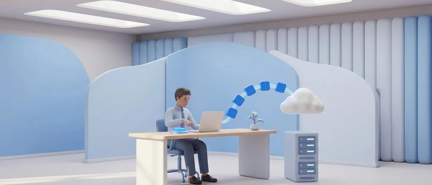 Stylized 3D render: a professional at a laptop sends work along a blue path to a cloud and a small server