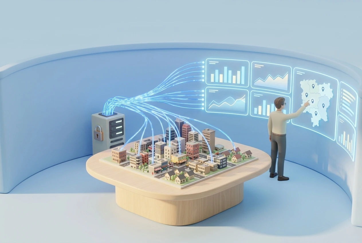 Stylized 3D render: an analyst points at a curved wall of blue dashboards fed by data streams rising from a miniature city model
