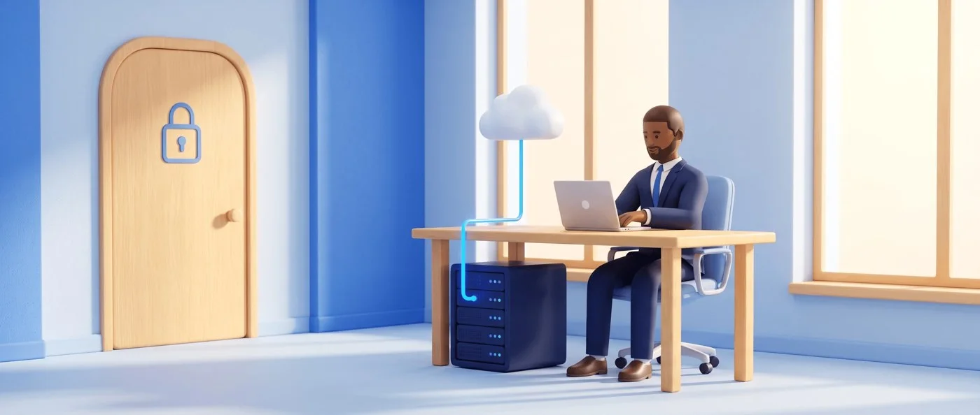 Stylized 3D render: a developer at his desk works on a laptop connected to a private server and a cloud