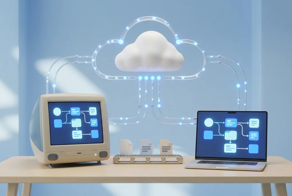 Stylized 3D render: an older desktop tower and a modern laptop side by side, both fed by blue connectors from a cloud and showing the same workflow