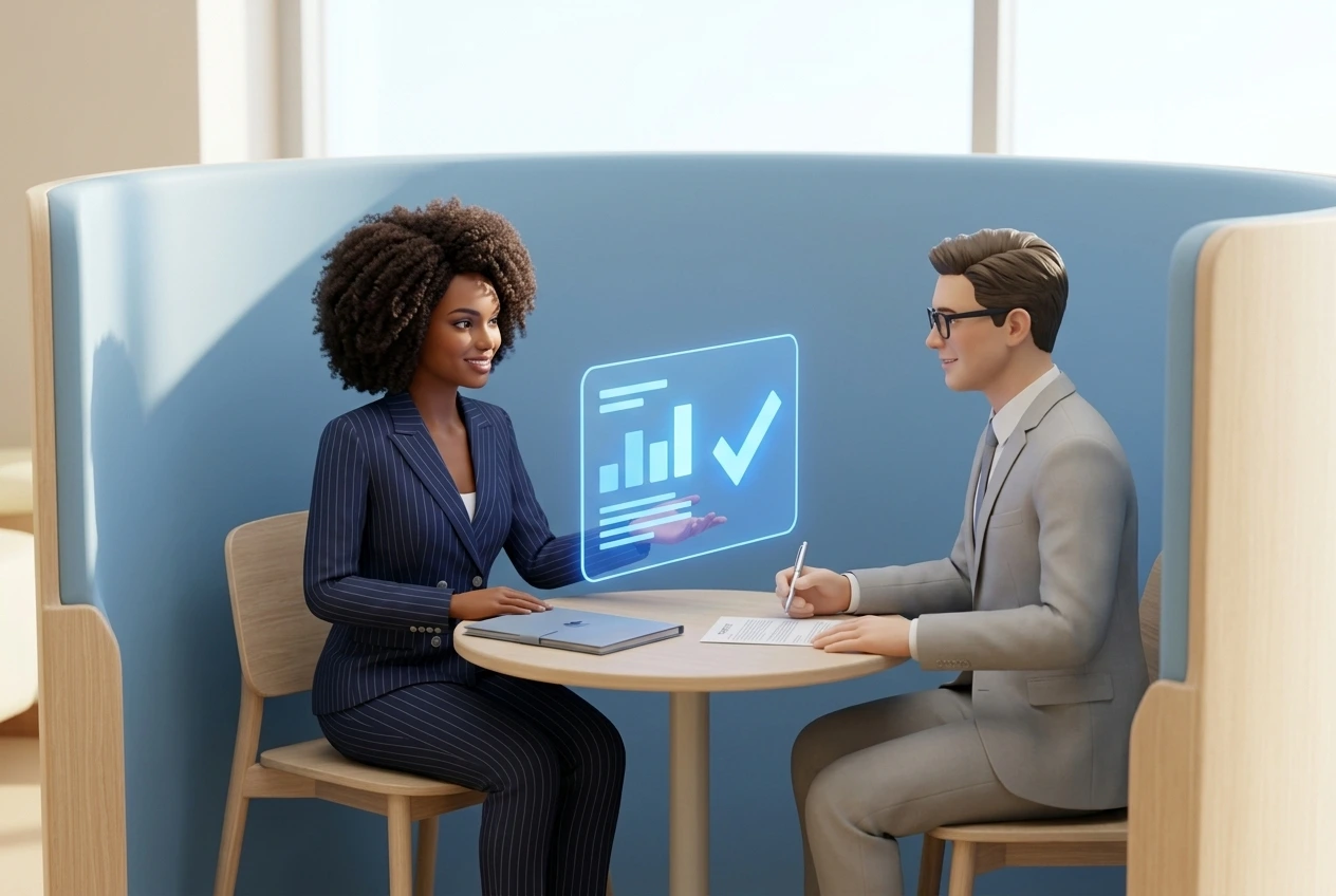 Stylized 3D render: a RockTech guide in a navy suit coaches one executive in a rounded meeting pod, a blue report panel with a check mark between them