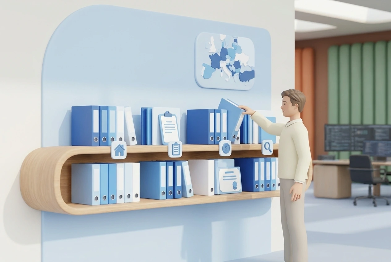 Stylized 3D render: a professional takes a binder from a long shelf of course folders grouped by license type