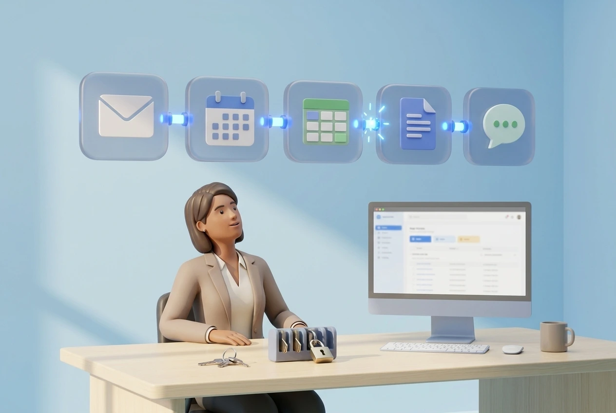 Stylized 3D render: a business owner at a desk beneath a row of generic app tiles joined by blue connectors, one marked with a small AI spark